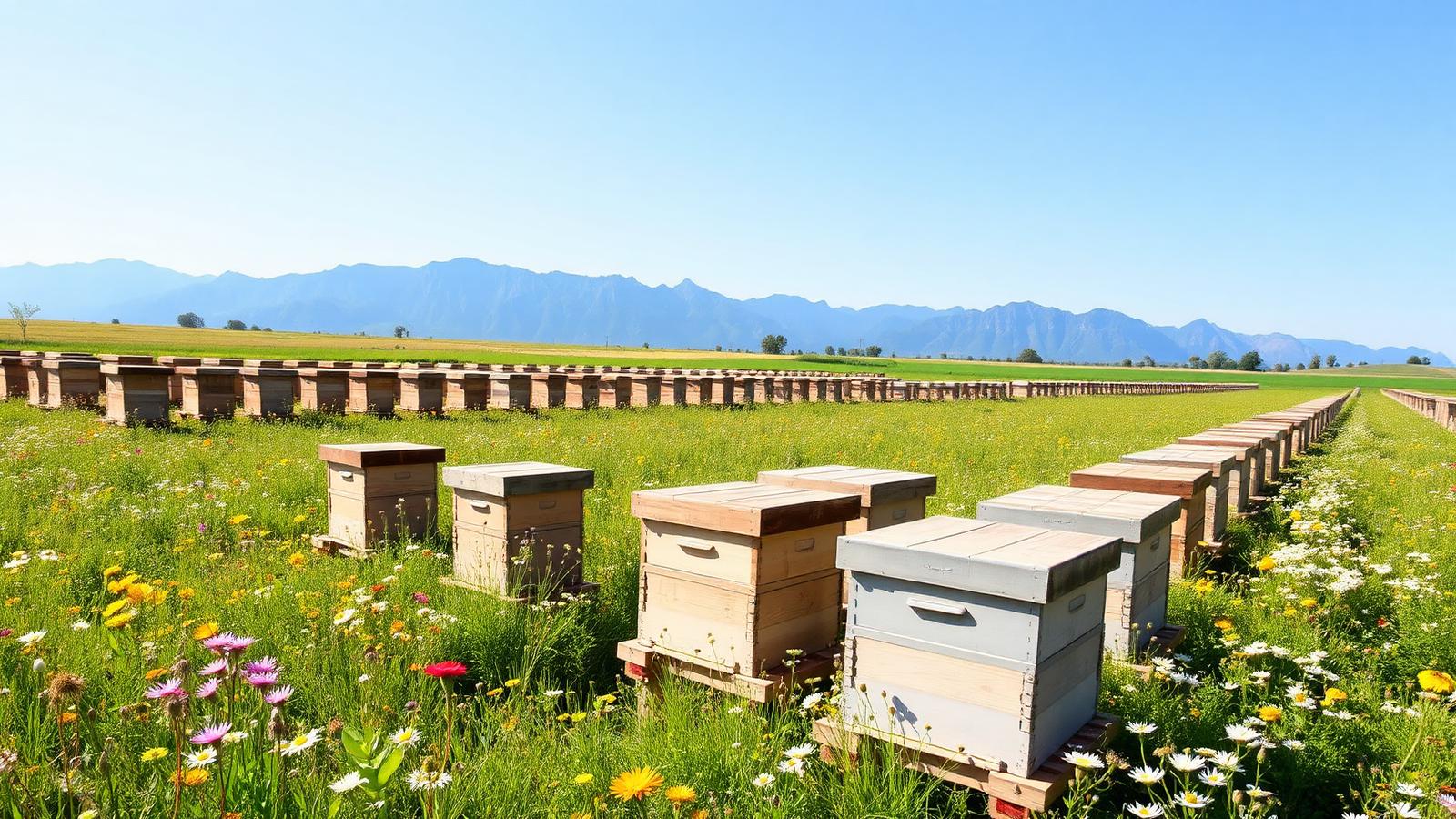Rows of wooden beehives in a wildflower meadow with mountains in the distance