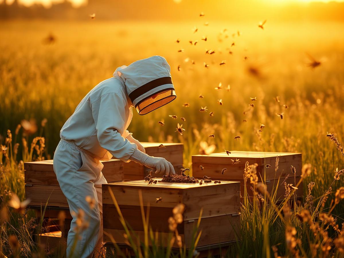 Beekeeper in white suit inspecting hives at golden hour